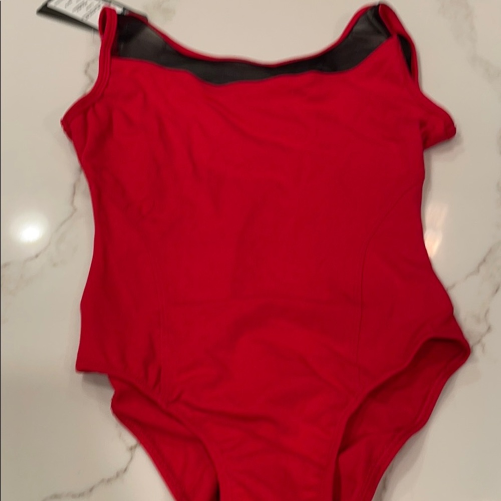 Red dance bodysuit with mesh top